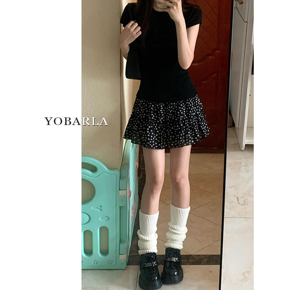 黑色碎花蛋糕短裙女小个子夏季胖mm大码显瘦梨形身材a字半身裙子