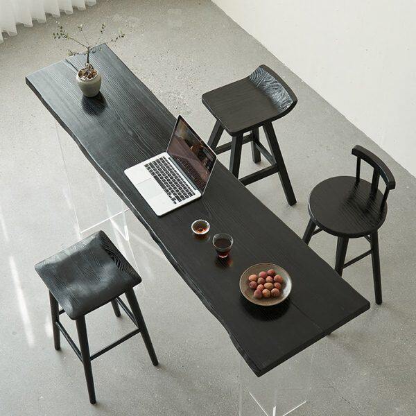 侘寂风黑色原木吧台桌碳化白蜡木桌子家用悬浮桌实木高脚桌椅组合