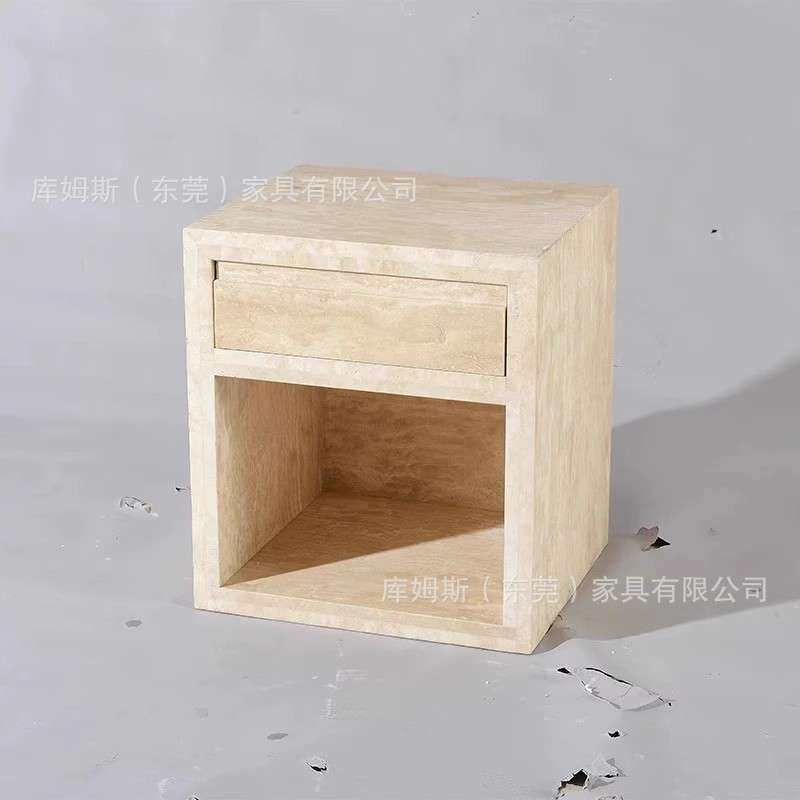 高端设计师法式奶油北欧轻奢高级卧室天然大理石大花白方形床头柜