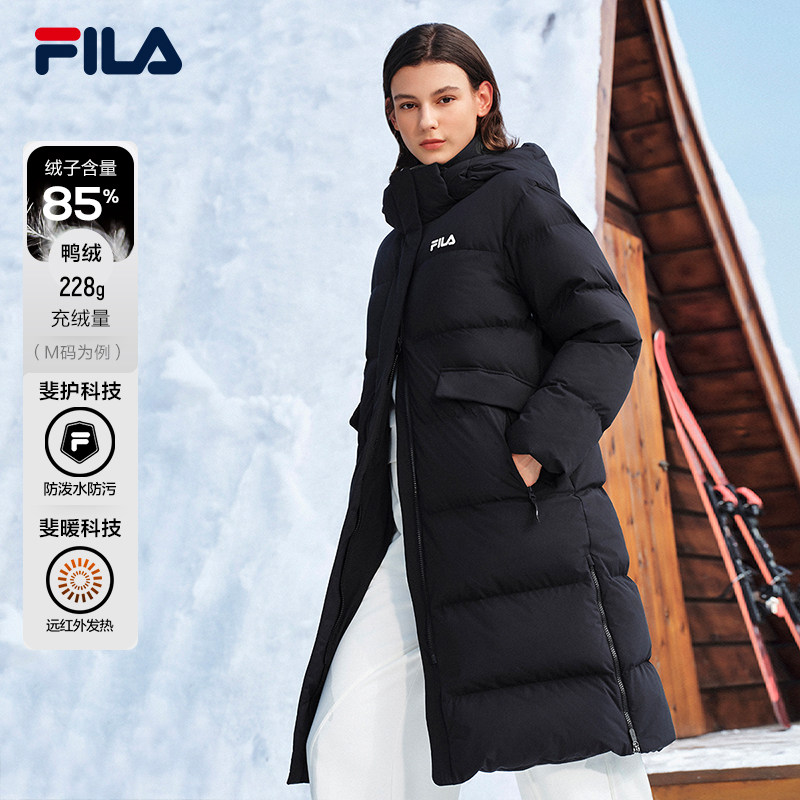 FILA RGB羽绒服|斐乐长款连帽保暖防寒服白色防污休闲百搭外套