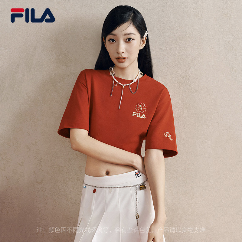 马上来财FILA斐乐情侣针织短袖T恤2026春新款新年红色海棠花男女,运动服/休闲服装,运动T恤,淘宝优惠券,粉丝福利购,淘宝优惠卷