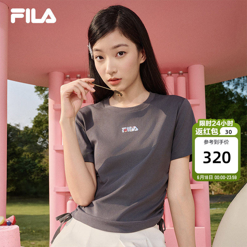 FILA斐乐女子辣妹短袖T恤2026夏新款休闲运动刺绣修身侧抽绳上衣