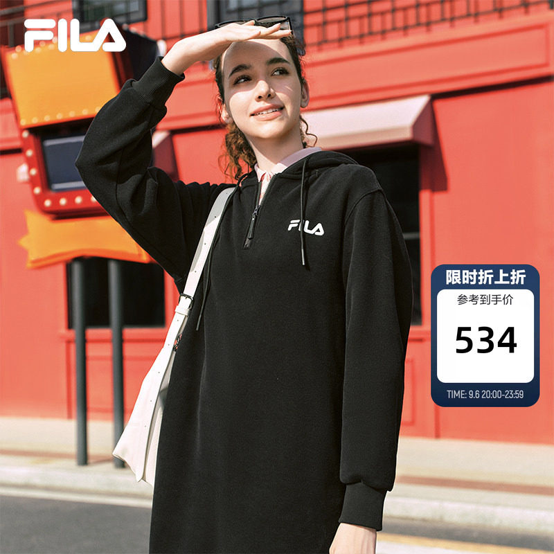 斐乐轻糯卫衣长裙丨FILA简约显瘦长裙秋季女装出街连帽慵懒连衣裙