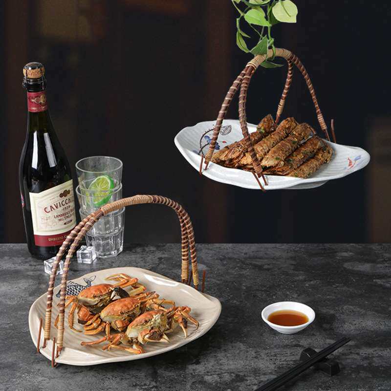 密胺饭店用菜盘特色创意个性仿瓷盘塑料手提盘子复古提篮吊盘商用