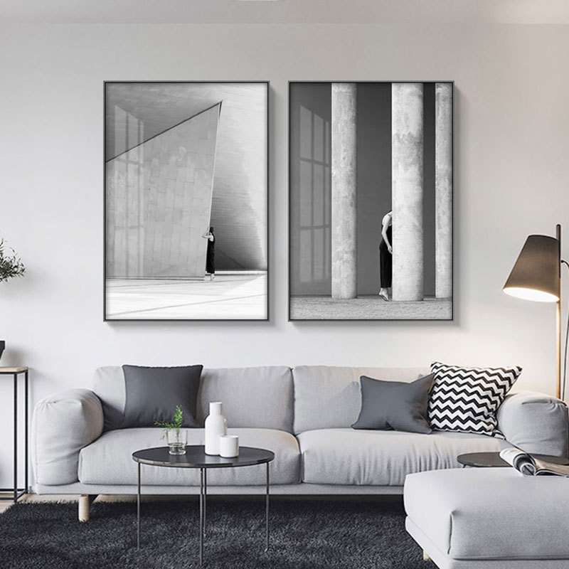 现代风格客厅大气简约玄关壁画工业风客厅走廊挂画黑白建筑装饰画图片