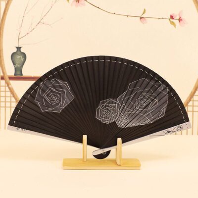 竹度fan黑色风便携扇子定制玫瑰古风文创全送礼折扇国潮中国风