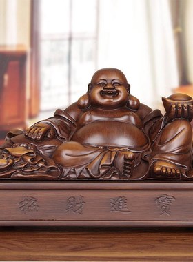 实木精雕招财弥勒佛摆件商铺家居客厅办I公室桌笑佛木质工艺品装