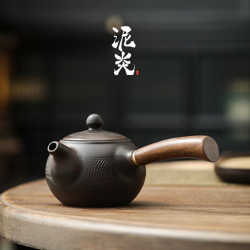 紫陶跳刀侧把茶壶中式家用过滤壶单壶陶H瓷功夫茶具复古木柄泡茶