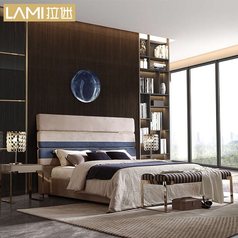 拉迷家居磨砂布艺床m现代简约卧室双人床1.5米1.8米主卧婚床实木