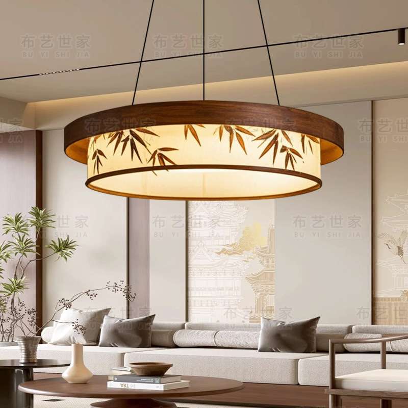 宋代美学圆形竹叶山水绘画客厅餐厅禅意茶室书房卧室民宿布艺吊灯