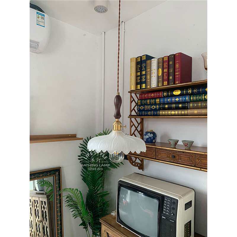 沐灯 vintage中古黑胡桃吊灯 莲花玻璃灯罩 北欧餐厅客厅卧室花店