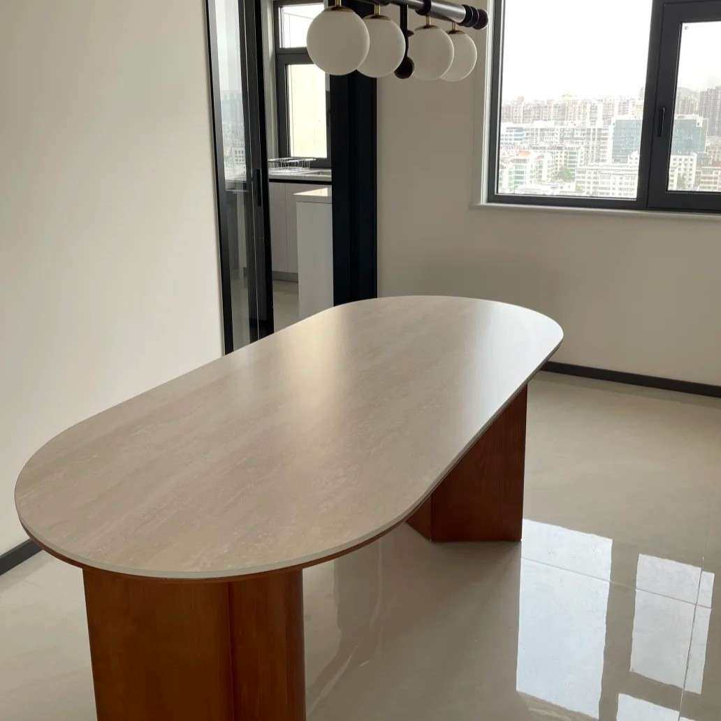 米白洞石天然石材家具厂大板自用家用餐桌小桌茶几面板台面厂家