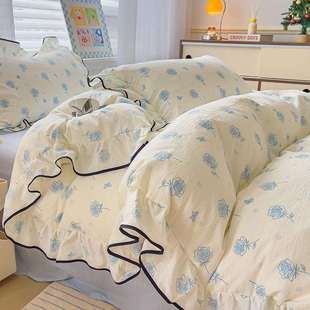 韩式少女纤维化纤双层纱大花边四件套2025新款被套宿舍床单三件套