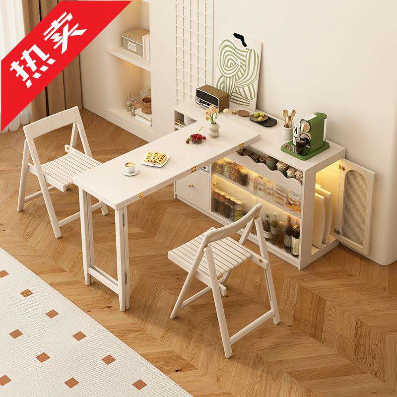 全实木伸缩餐桌椅组合奶油风家用小户型折叠白色圆桌变椭圆形饭桌