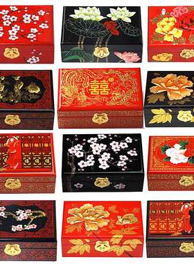 平遥推光漆器结婚小首饰盒三金红色木质彩礼梳妆盒中式高档复古颜