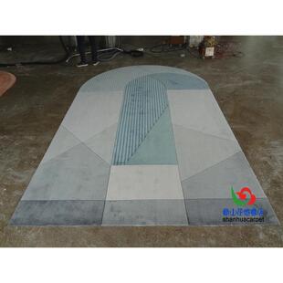 现代简约蓝色椭圆形几何格子田园手工羊毛客厅茶几地毯儿童房卧室