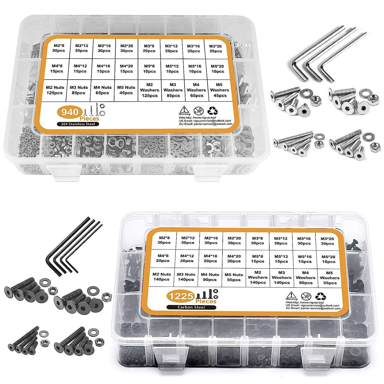 304不锈钢沉头内六角螺钉配平垫螺母套装1225/940pcs平杯螺丝盒装