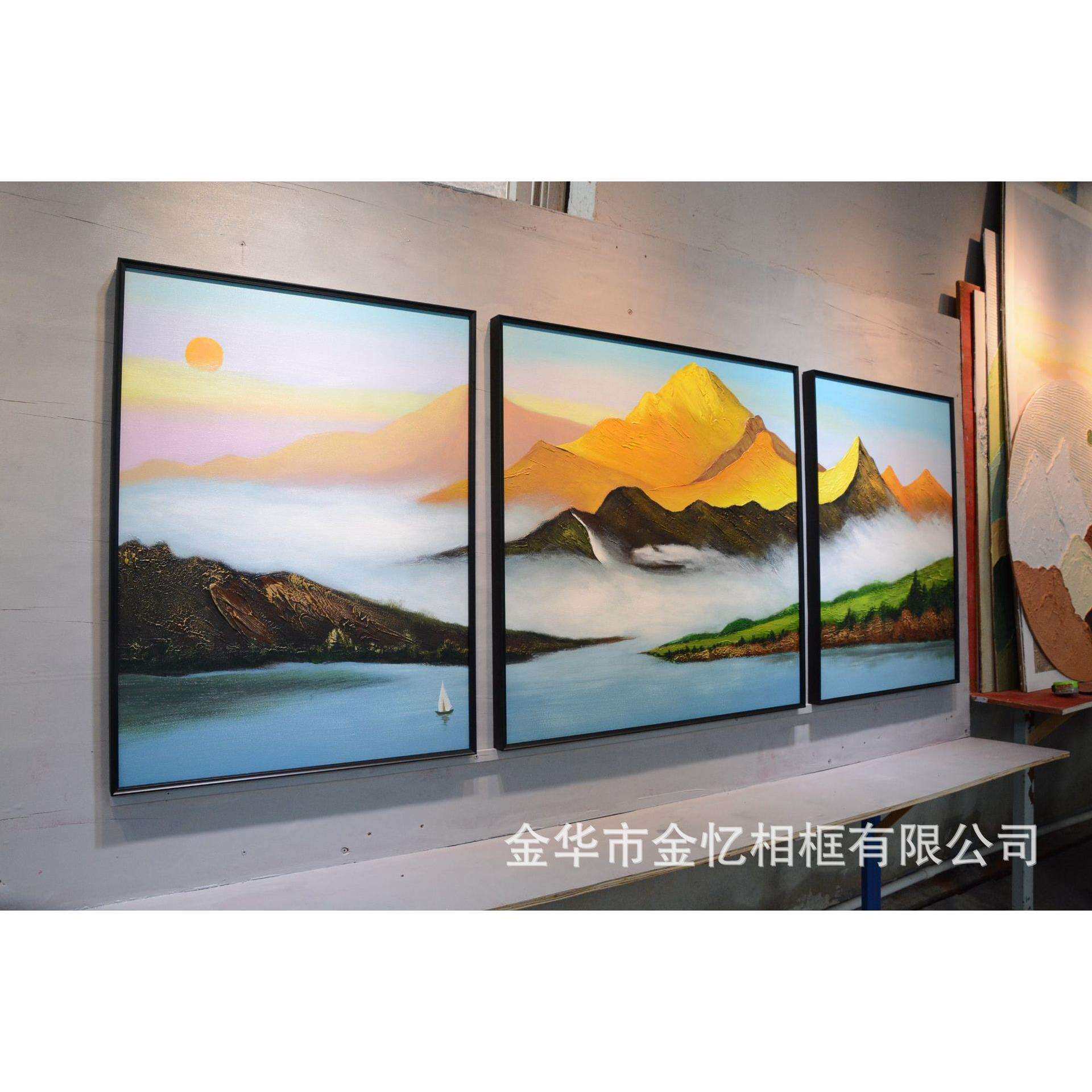纯手绘日照金山聚宝盆花海丰收风水油画客厅三联风景装饰画新中式