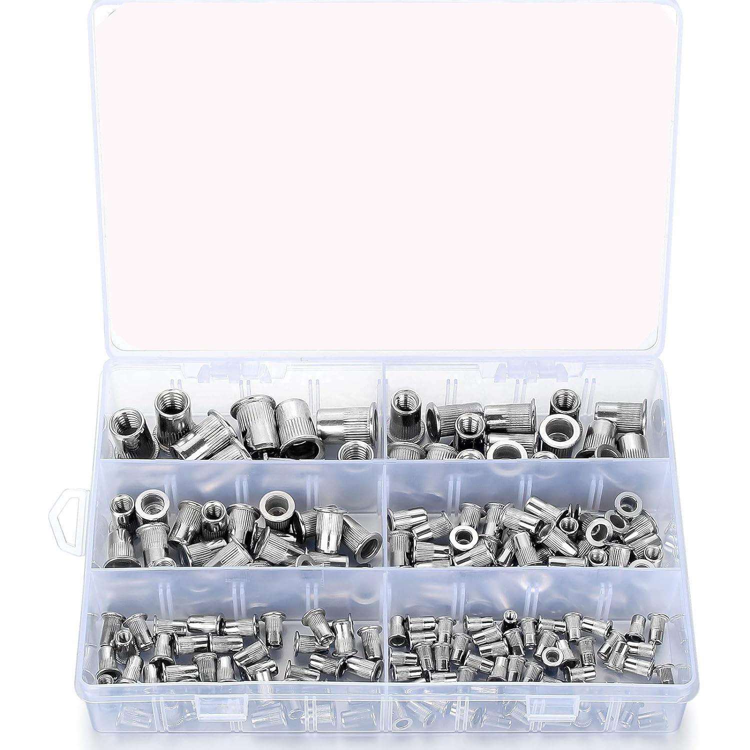 跨境185PCS 盒装 M3-M10/304不锈钢铆钉平头螺纹螺母组合套件