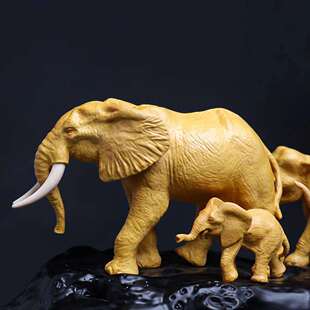 小叶黄杨木精雕众志成城一家人五口大象摆件家居办公装饰品