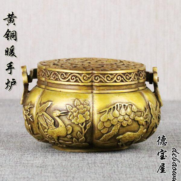 铜香炉纯铜仿古汤婆子纯铜暖手炉碳铜暖炉碳火炉鹤鹿同春取暖小号