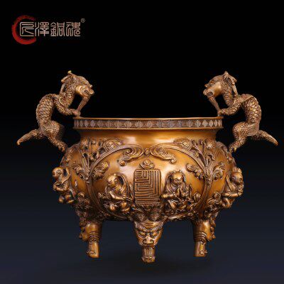 紫铜 龙形耳踏云童子炉精铜手工铜香炉 香炉香道佛具用品