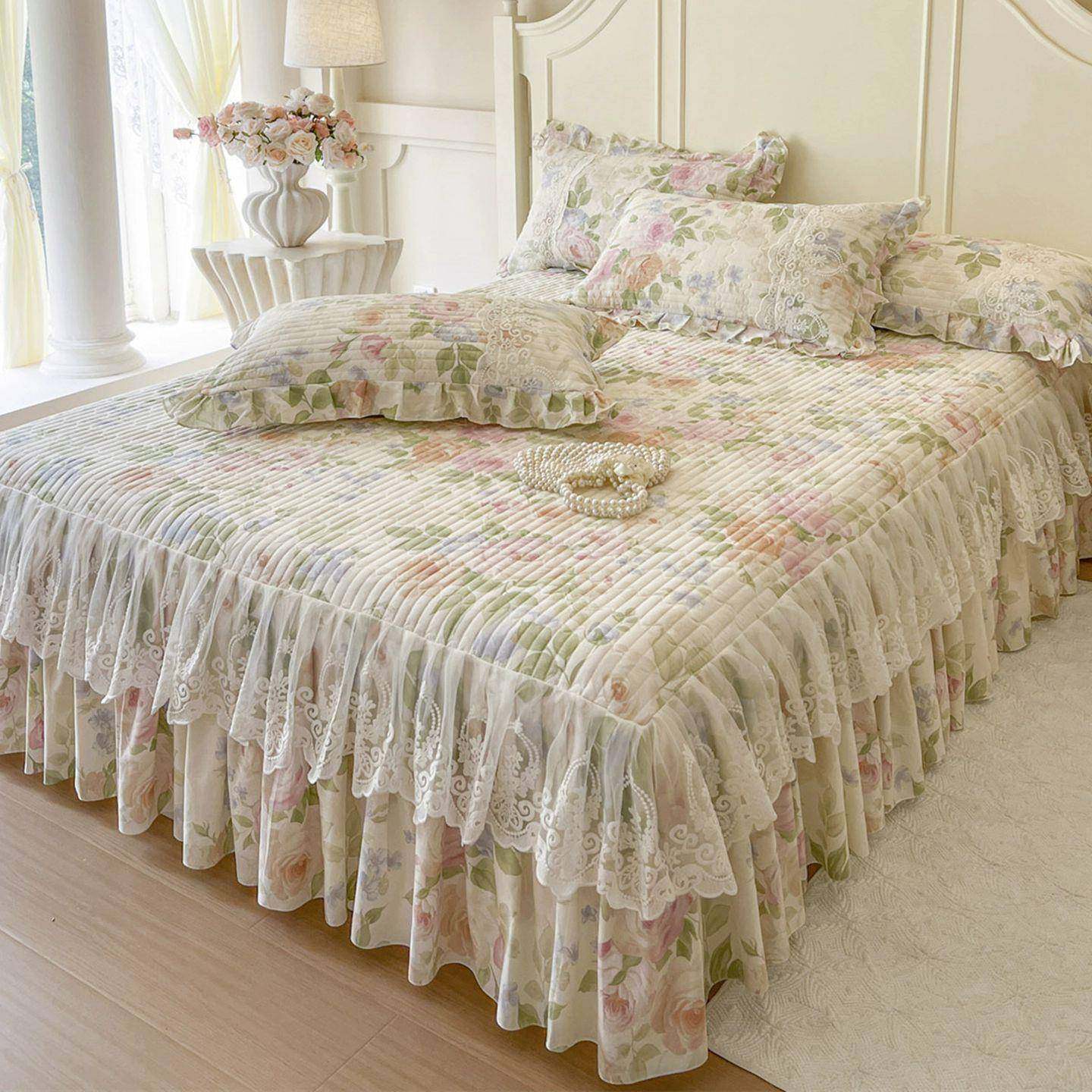 公主风碎花纯棉蕾丝夹棉床裙单件床单带裙边床罩四季通用床围裙罩