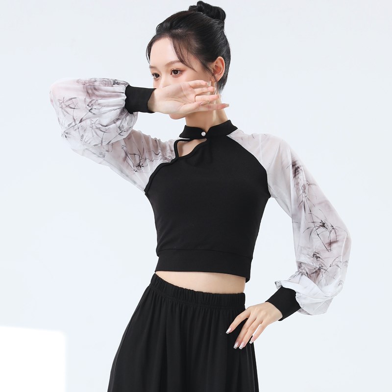 古典舞服装女成人国风旗袍领身韵练功服水墨纱袖舞蹈上衣现代舞服