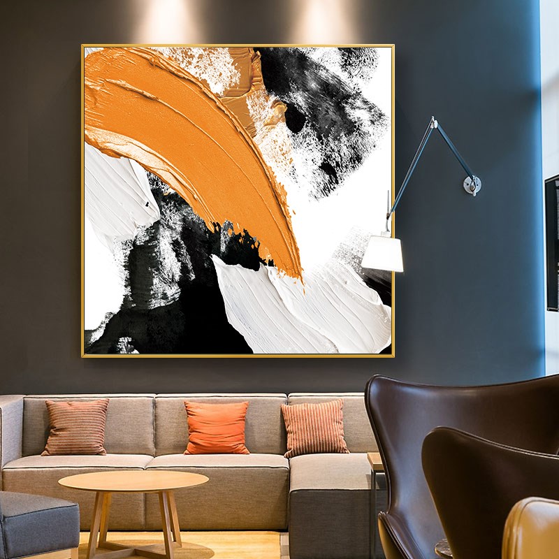 手绘油画璀璨方形玄关挂画背景墙装饰画现代餐厅黑白橙立体抽象画图片