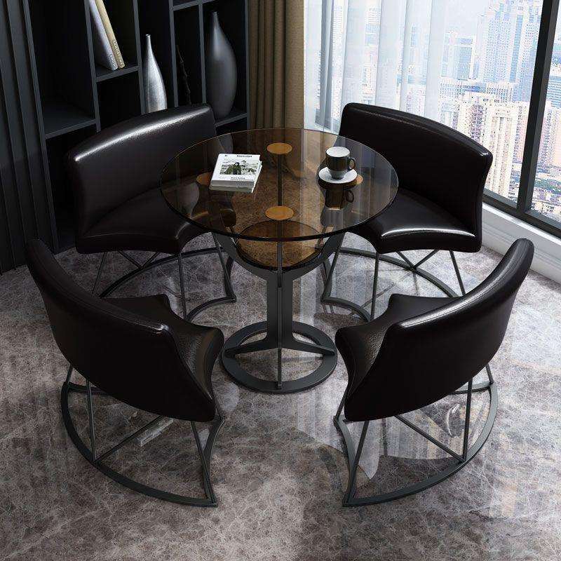 轻奢钢化玻璃接待洽谈桌椅组合售楼处商务谈判家用阳台皮艺小圆桌