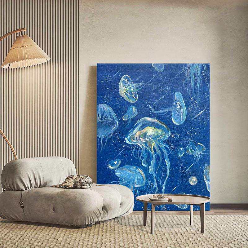 小众艺术水母肌理纯手绘油画蓝色客厅装饰画海洋玄关挂画动物壁画