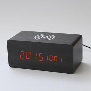 家居木头钟无线充 智能声控静音电子闹钟led木头钟无线充数显座钟