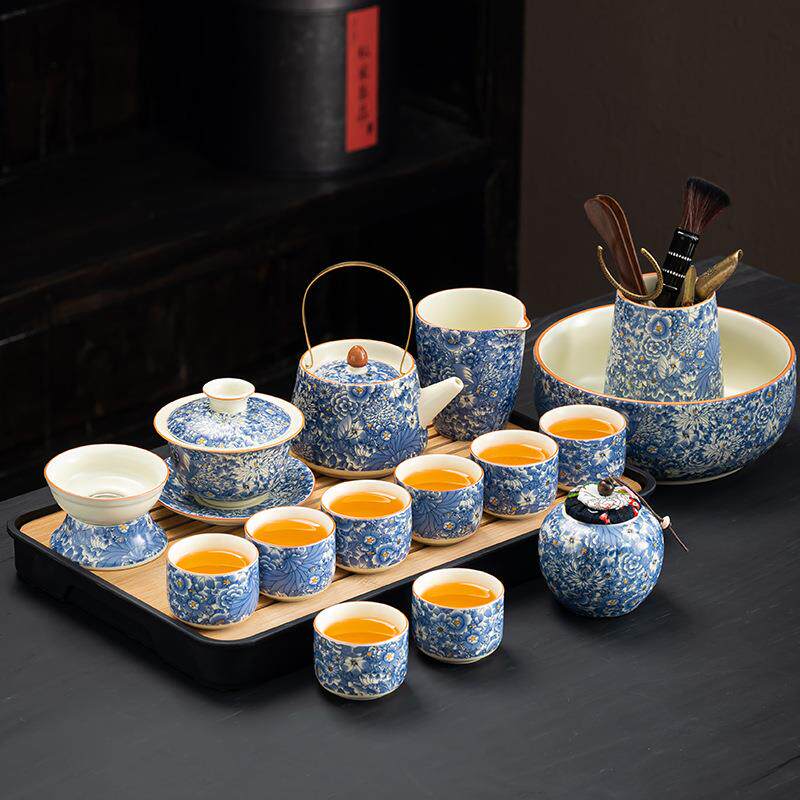 黄汝茶具套装家用陶瓷开片可养复古繁花茶壶茶杯茶盘整套功夫泡茶