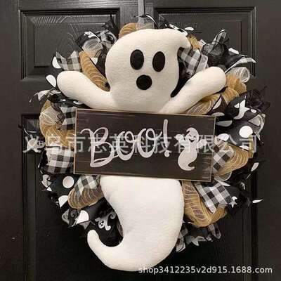 跨境白色幽灵娃娃花环Ghost Wreath万圣节户外前门室内墙壁装饰