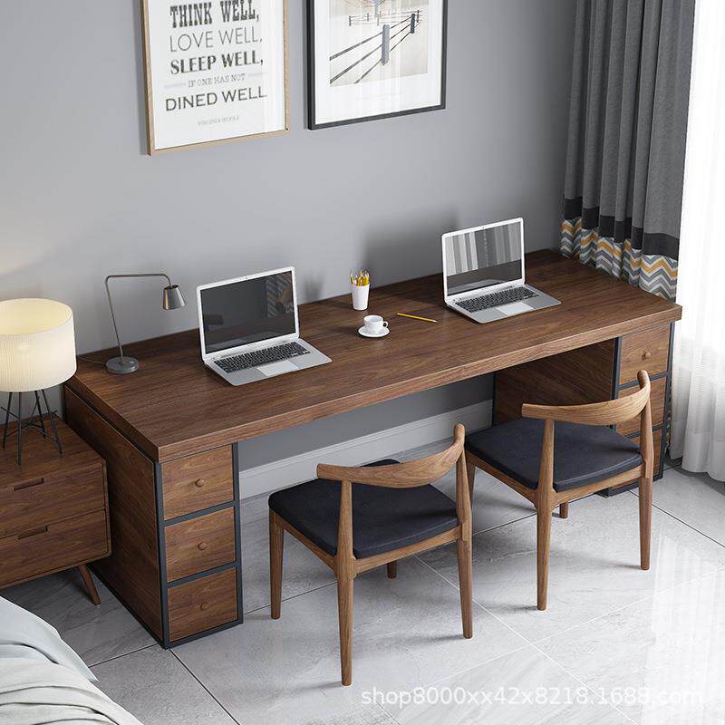 实木双人电脑桌台式桌带抽屉简约家用办公长桌学生写字书桌椅组合