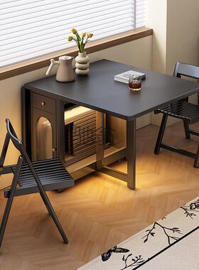 lw0黑色复古全实木折叠餐桌家用现代轻奢长方形可伸缩隐形小户型