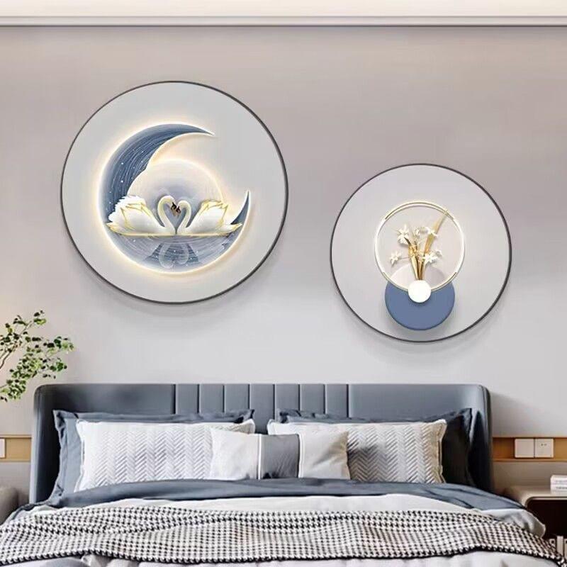 圆形北欧卧室装饰画天鹅床头画挂画现代简约房间温馨婚房主卧壁画