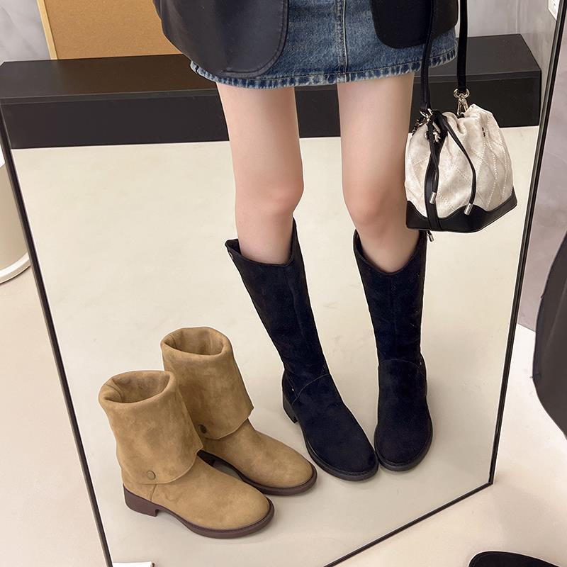 法式覆古两穿绒面长筒靴女2025春秋新款西部牛仔靴粗跟瘦瘦骑行靴