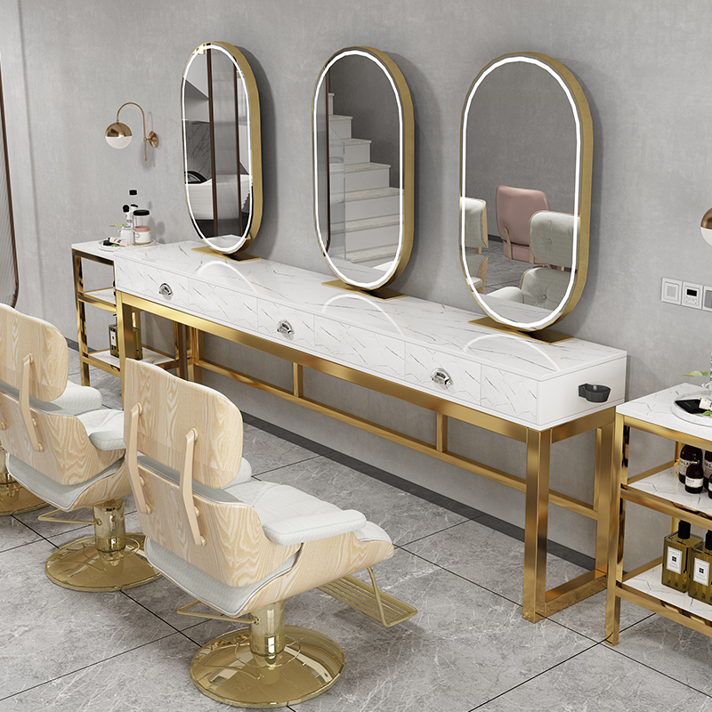 理发镜台美发店镜子发廊化妆单面带F灯剪发镜网红大理石双面烫染