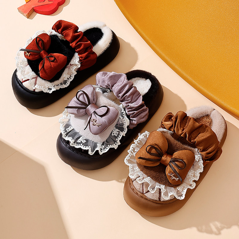 新款冬季拖鞋蝴蝶结女士棉拖鞋秋冬室内家居防滑保暖加绒毛毛棉鞋