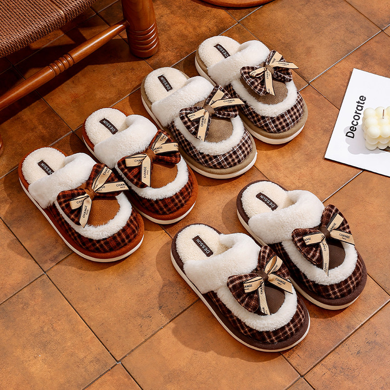 2025新款毛绒棉拖鞋女士冬季家居室内保暖防滑成人蝴蝶结简约棉拖