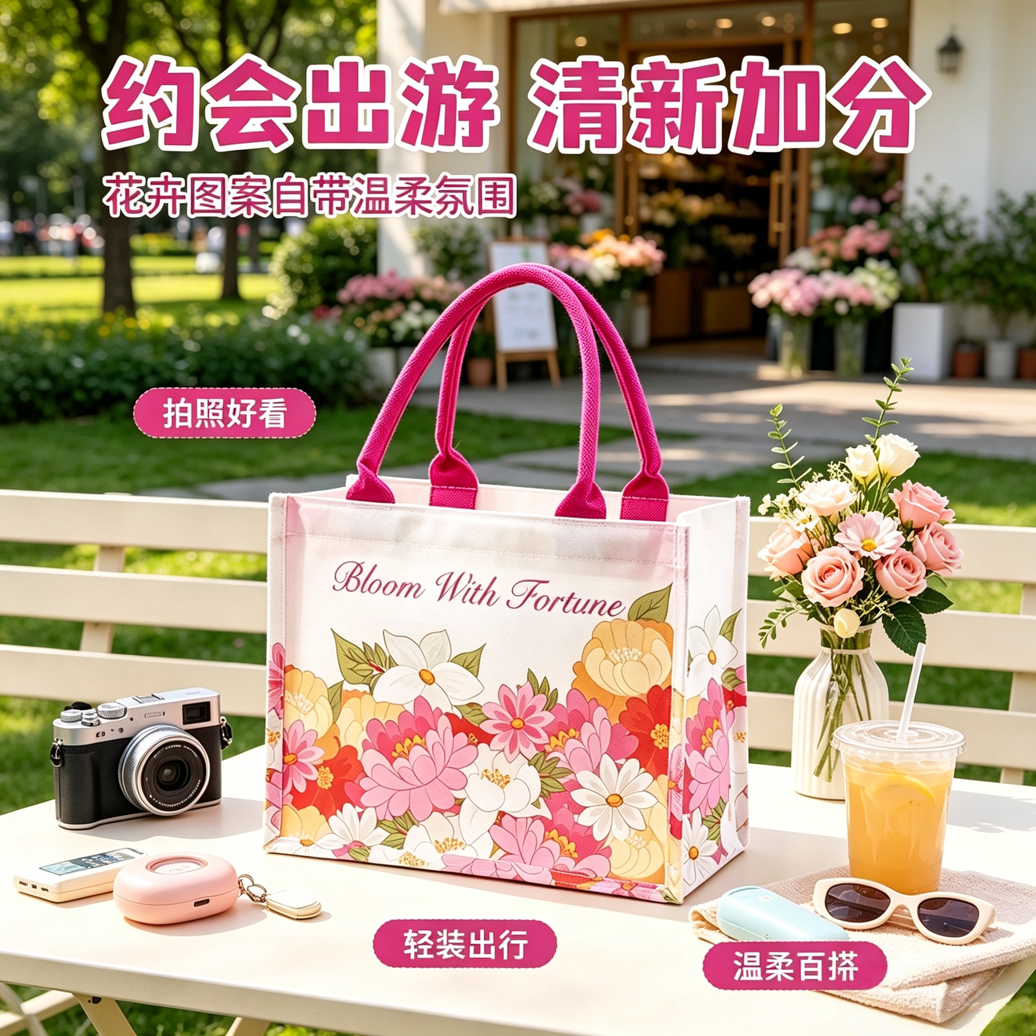 碎花拉链帆布手提袋大容量礼品袋图片