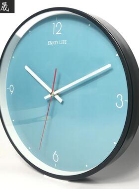 12寸金属挂钟铁艺时钟蓝色现代简约钟表艺术静音扫秒石英钟