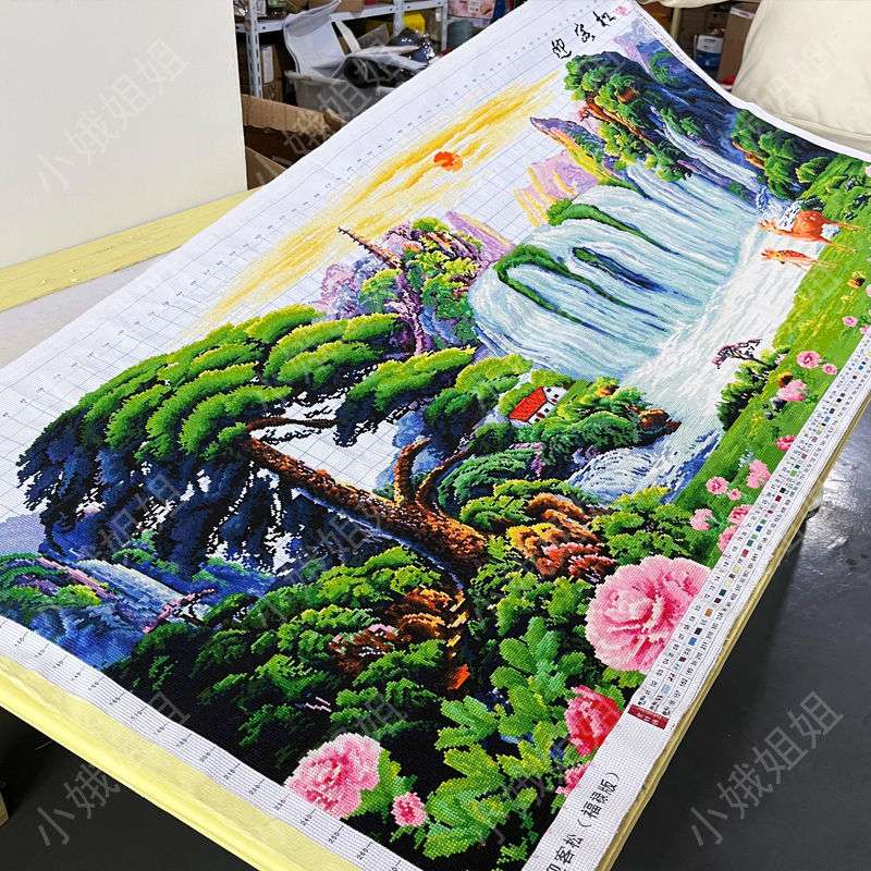 迎客松十字绣成品不带框纯手工出售已绣好2025新款客厅高端山水画