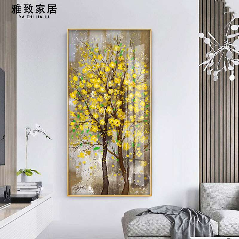 轻奢北欧抽象入户玄关装饰画发财树走廊壁画招财风水墙面挂画竖版