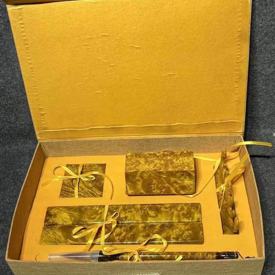 缅甸黄金樟满瘤疤文房四宝五件套金丝楠实木满水波木制品工艺品