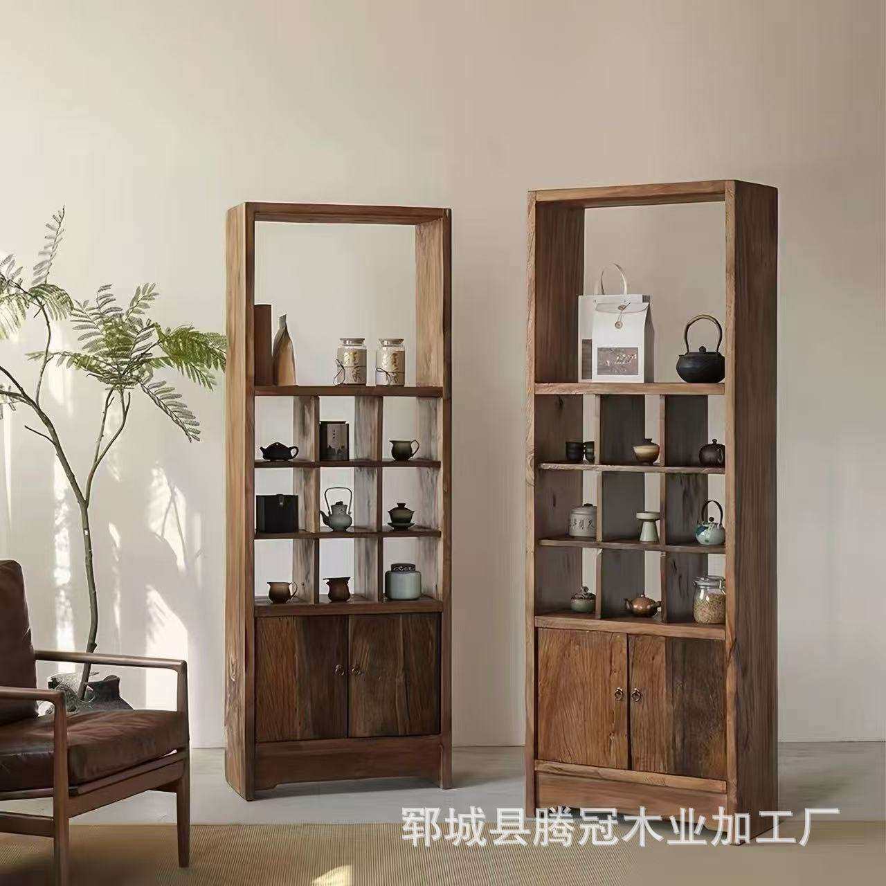 老榆木博古架新中式茶具架民宿酒店茶杯收纳架玄关处多层置物架