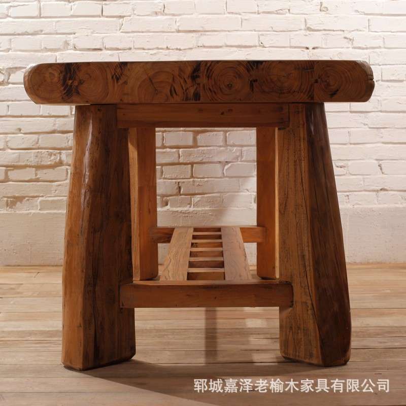 实木餐桌老榆木长方形茶饭桌全实木中式家具饭店民宿圆木桌家用