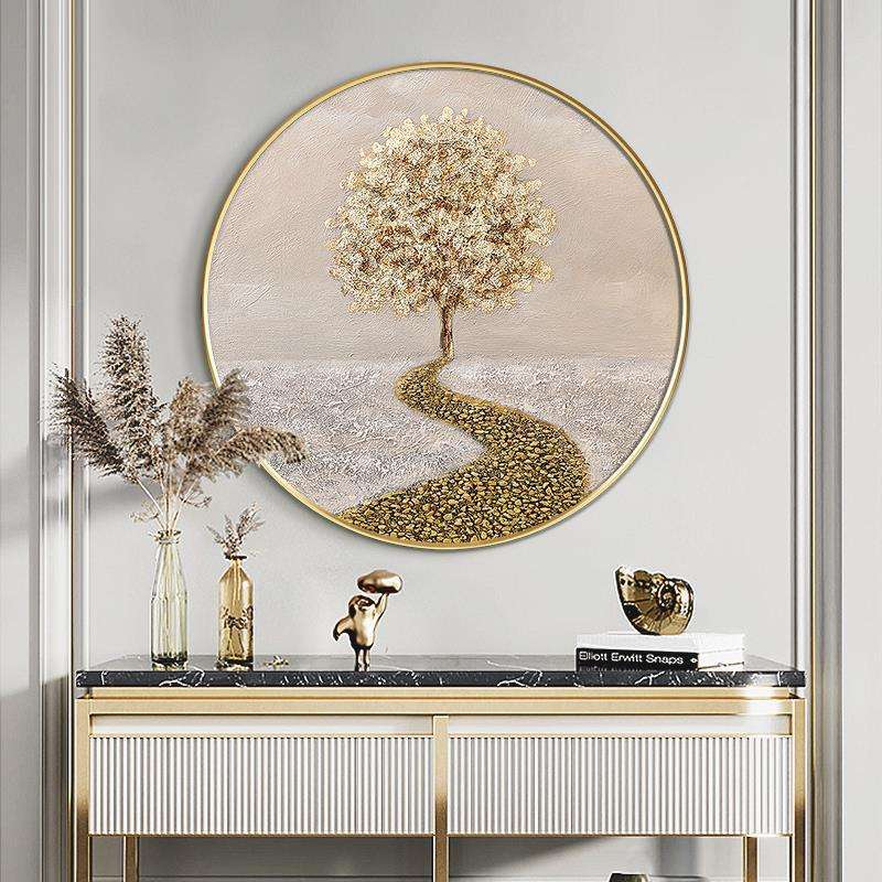 大芬油画发财树装饰画油画轻奢玄关客厅餐厅入户现代简约圆形挂画