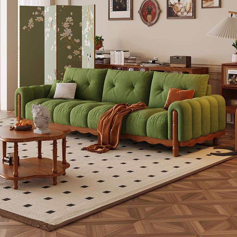 法式中古实木沙发客厅钢琴键复古美式直排布艺沙发墨绿色2026新款